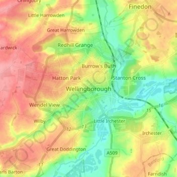 Mappa topografica Wellingborough, altitudine, rilievo