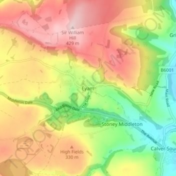 Mappa topografica Eyam, altitudine, rilievo