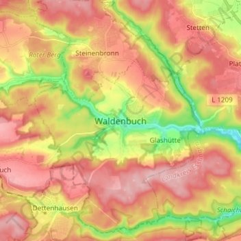Mappa topografica Waldenbuch, altitudine, rilievo