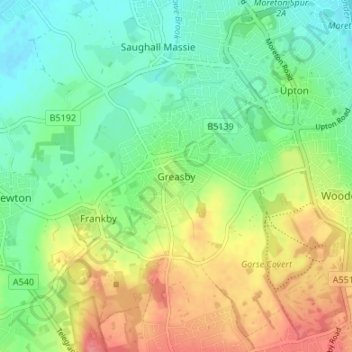 Mappa topografica Greasby, altitudine, rilievo