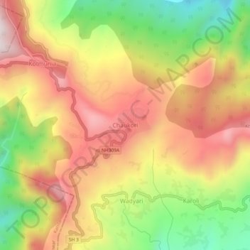 Mappa topografica Chaukori, altitudine, rilievo