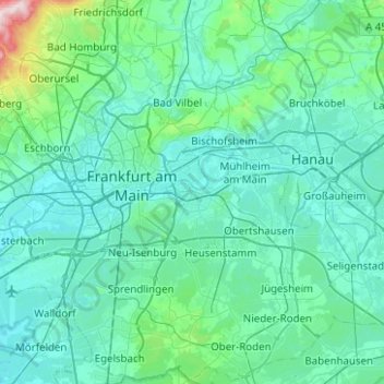 Mappa topografica Offenbach am Main, altitudine, rilievo