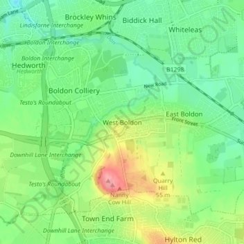 Mappa topografica West Boldon, altitudine, rilievo