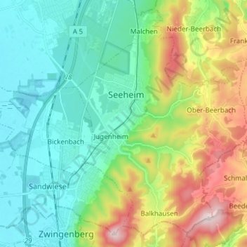 Mappa topografica Seeheim-Jugenheim, altitudine, rilievo