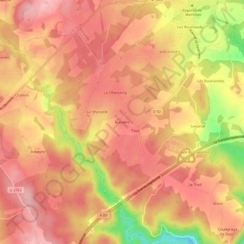 Mappa topografica Bussière, altitudine, rilievo