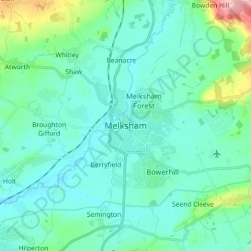 Mappa topografica Melksham, altitudine, rilievo