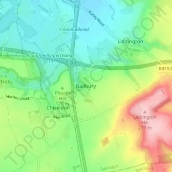 Mappa topografica Badbury, altitudine, rilievo