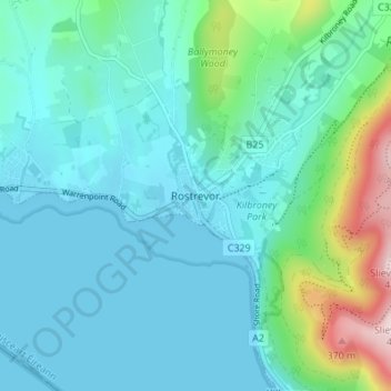 Mappa topografica Rostrevor, altitudine, rilievo