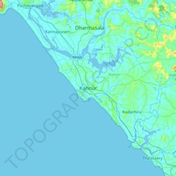 Mappa topografica Kannur, altitudine, rilievo