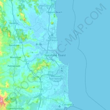 Mappa topografica Sunshine Coast, altitudine, rilievo