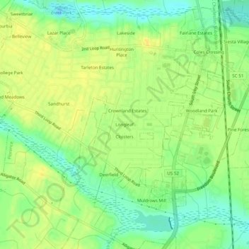 Mappa topografica Longleaf, altitudine, rilievo