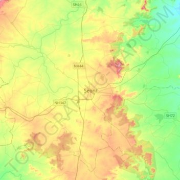 Mappa topografica Seoni, altitudine, rilievo