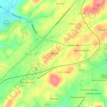 Mappa topografica Forrest Hills, altitudine, rilievo