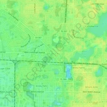 Mappa topografica Mullis City, altitudine, rilievo