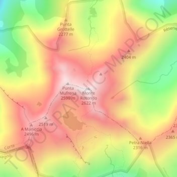Mappa topografica Monte Rotondo, altitudine, rilievo