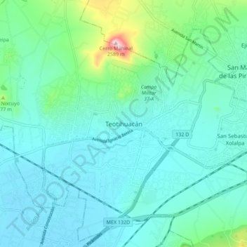 Mappa topografica Teotihuacán, altitudine, rilievo