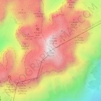 Mappa topografica Piz Boè, altitudine, rilievo