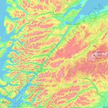 Mappa topografica Inverness-shire, altitudine, rilievo