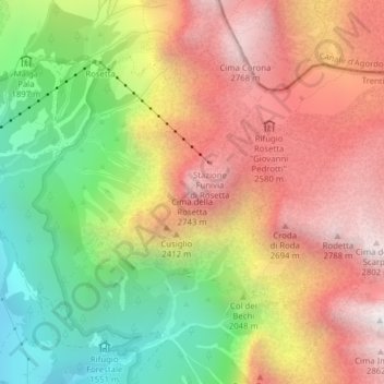 Mappa topografica Cima della Rosetta, altitudine, rilievo