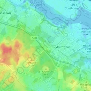 Mappa topografica Pooksgreen, altitudine, rilievo