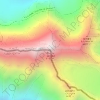 Mappa topografica Shkhara, altitudine, rilievo