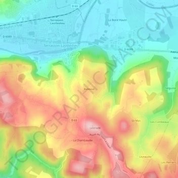 Mappa topografica Bellevue, altitudine, rilievo