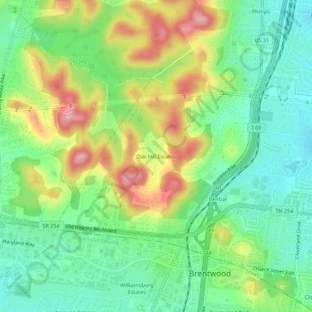 Mappa topografica Oak Hill Estates, altitudine, rilievo