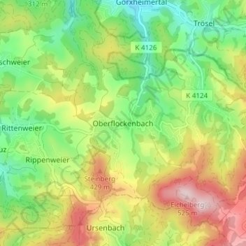 Mappa topografica Oberflockenbach, altitudine, rilievo