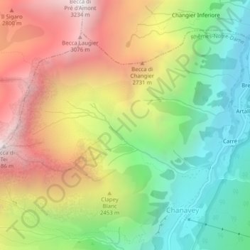Mappa topografica Cussunaz, altitudine, rilievo