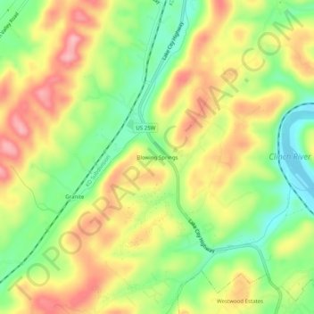 Mappa topografica Blowing Springs, altitudine, rilievo