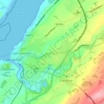 Mappa topografica Rhosbodrual, altitudine, rilievo
