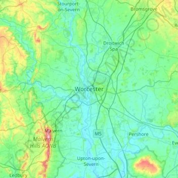 Mappa topografica Worcester, altitudine, rilievo