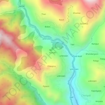 Mappa topografica Kumali, altitudine, rilievo