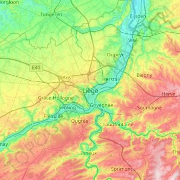 Mappa topografica Liegi, altitudine, rilievo