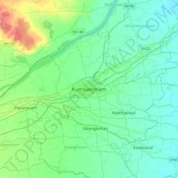 Mappa topografica Kumbakonam, altitudine, rilievo