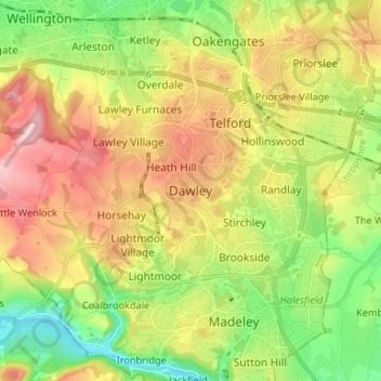 Mappa topografica Dawley, altitudine, rilievo