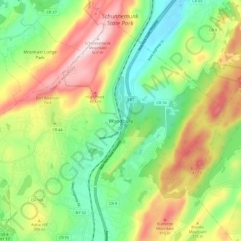 Mappa topografica Woodbury, altitudine, rilievo