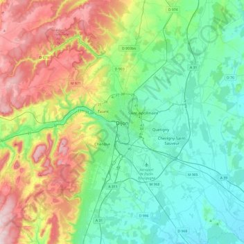 Mappa topografica Dijon, altitudine, rilievo