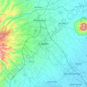 Mappa topografica Angeles, altitudine, rilievo