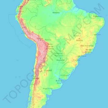 Mappa topografica America meridionale, altitudine, rilievo