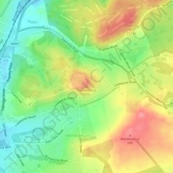 Mappa topografica Hednesford Hills, altitudine, rilievo