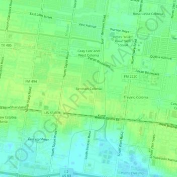 Mappa topografica Bentsen Colonia, altitudine, rilievo