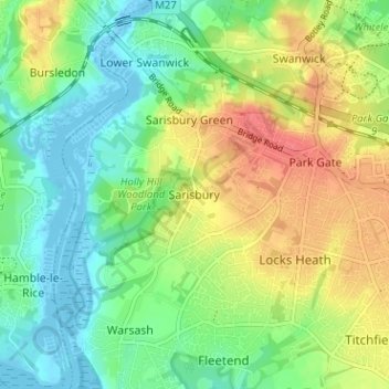 Mappa topografica Sarisbury, altitudine, rilievo
