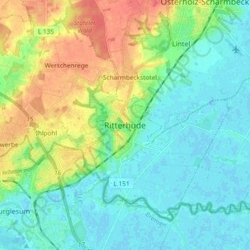 Mappa topografica Ritterhude, altitudine, rilievo