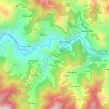 Mappa topografica Kothila, altitudine, rilievo