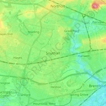 Mappa topografica Southall, altitudine, rilievo