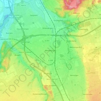 Mappa topografica Memmingen, altitudine, rilievo