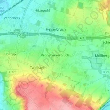 Mappa topografica Vennebeckerbruch, altitudine, rilievo