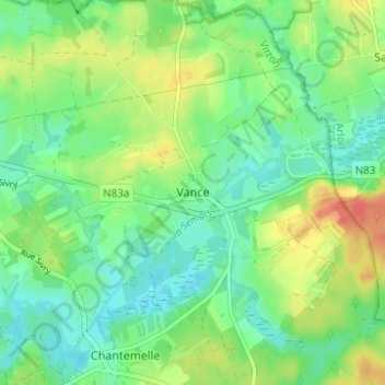 Mappa topografica Vance, altitudine, rilievo
