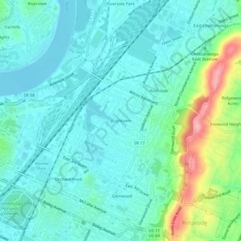 Mappa topografica Bushtown, altitudine, rilievo